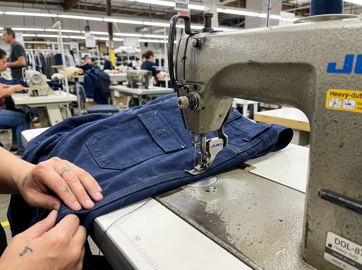 Precision commercial garment sewing machine on work trousers